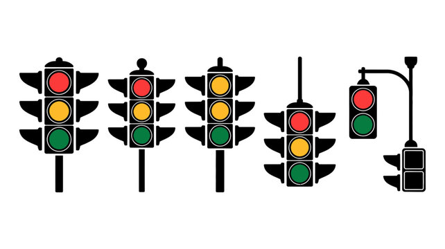 Set of traffic light signal icons with red yellow green lights and pole variations transportation direction