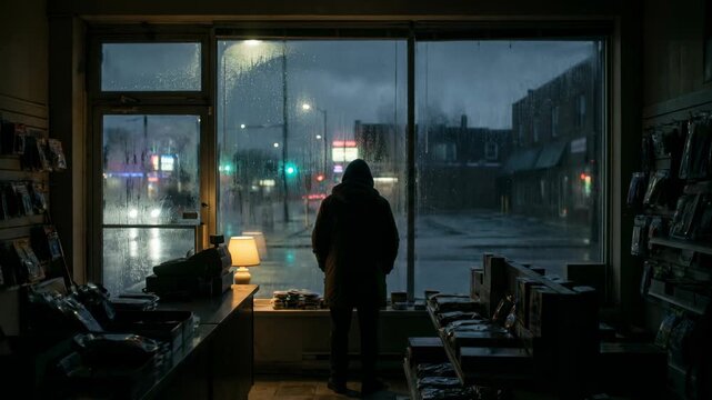 Rainy night lonely person in shop interior by window view, hooded silhouette watching city street, moody light on wet pavement storefront