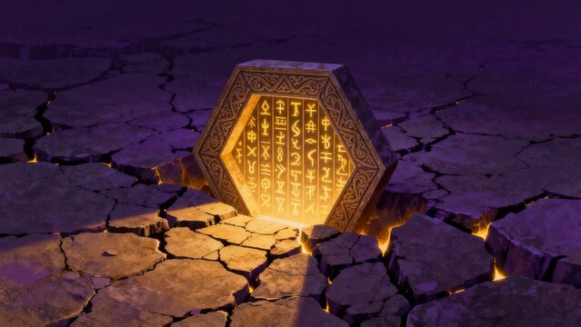 Ancient glowing stone tablet in cracked ground