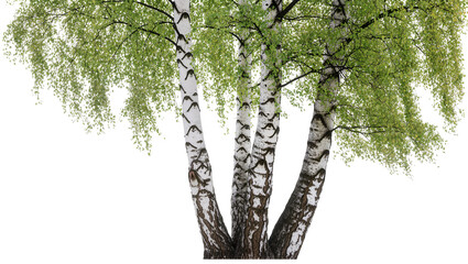 Isolated beautiful white bark birch tree with fresh green leaves and multiple trunks in spring © Oisin