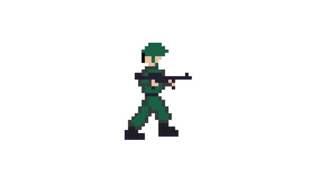 Pixel art animation of an old game with a soldier with a gun walking, art, vintage, pixel, white.