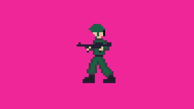 Pixel art animation of an old game with a soldier with a gun, art, vintage, pixel, red.
