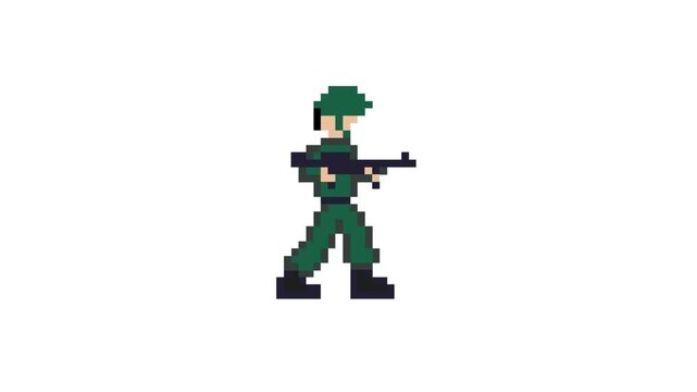 Pixel art animation of an old game with a soldier with a gun, art, vintage, pixel.