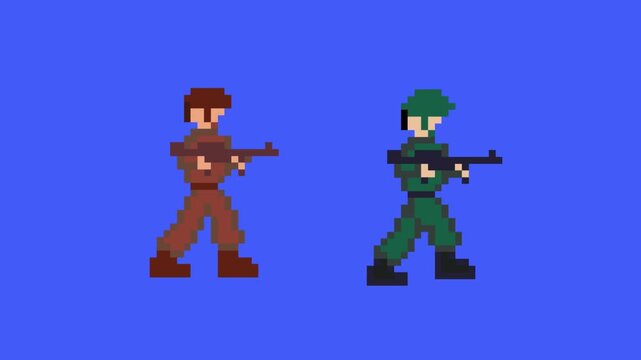 Pixel art animation of an old game with two soldiers with guns walking, art, vintage, pixel, blue.