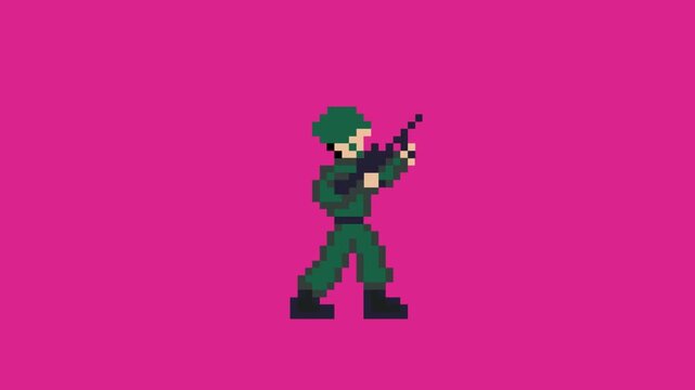 Pixel art animation of an old game with a soldier with a gun shooting, art, pixel, red.