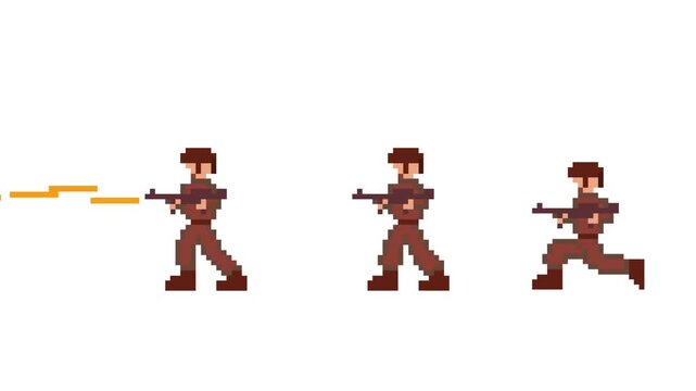 Pixel art animation of an old game with a soldier with a gun moving in different poses, shooting, art, white.