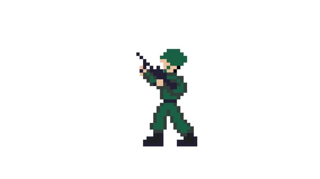 Pixel art animation of an old game with a soldier with a gun shooting, art, pixel, white.