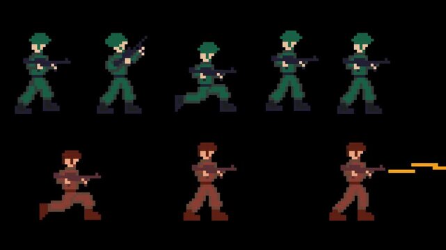 Pixel art animation of an old game with a soldier with a gun moving in different poses, shooting, art, vintage, pixel,black.