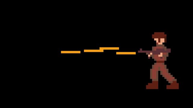 Pixel art animation of an old game with a soldier with a gun shooting, art, vintage, pixel, black.
