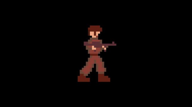 Pixel art animation of an old game with a soldier with a gun shooting, art, pixel, black.