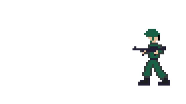 Pixel art animation of an old game with a soldier with a gun shooting, art, vintage, pixel, white.