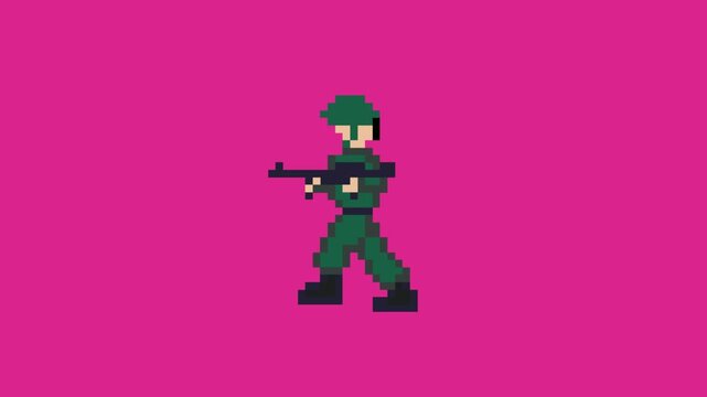 Pixel art animation of an old game with a soldier with a gun walking, art, vintage, pixel, red.