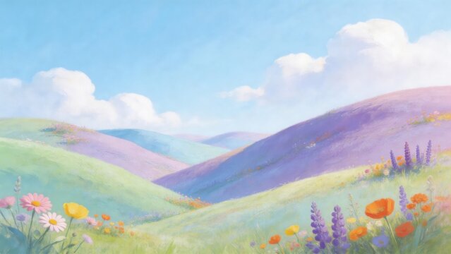 Colorful flower fields on rolling hills