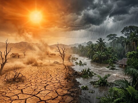 Split screen shows extreme drought and desertification contrasted with heavy flooding and rainforest.