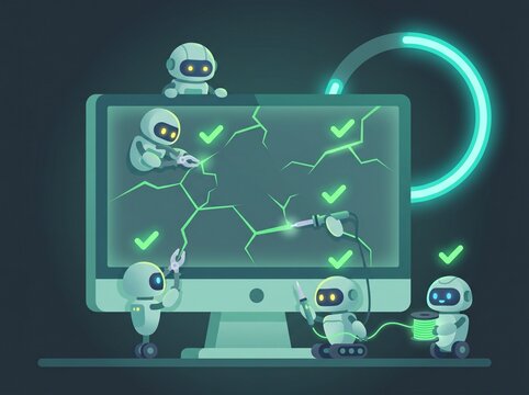 Robots repair a cracked computer screen with tools, symbolizing tech support and digital repair.