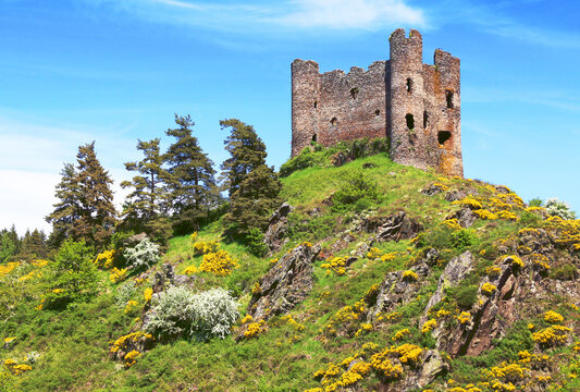 La ruine du ch&acirc;teau m&eacute;di&eacute;val d'Alleuze en bordure de la rivi&egrave;re Truy&egrave;re.