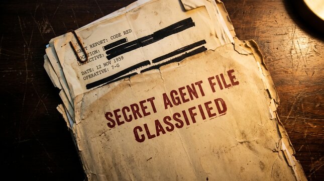 Aged, confidential dossiers brimming with sensitive intelligence and classified information, hinting at covert government investigations and intriguing historical mysteries