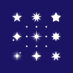 Obraz premium Collection of white glowing stars, sparkles, and twinkling elements on dark blue background. Vector flat illustration for space, magic, and celebration designs