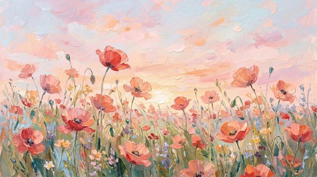 Vibrant Poppy Field Oil Painting - Impressionist Wildflower Meadow at Sunset
