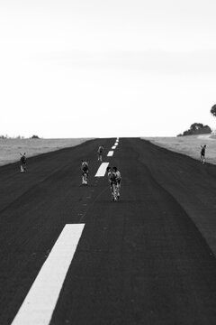 Wild Dog, Lycaon pictus, Group. Several wild dogs are captured in a high-key black and white shot as they run down an asphalt airstrip toward the camera.