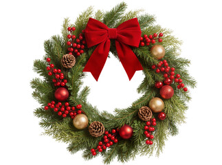 Isolated festive Christmas wreath with a lush red velvet bow, sparkling baubles, and winter berries © Oisin
