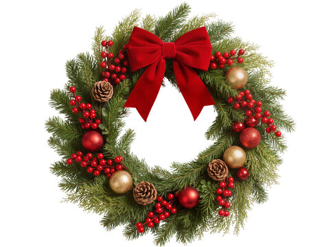 Isolated festive Christmas wreath with a lush red velvet bow, sparkling baubles, and winter berries