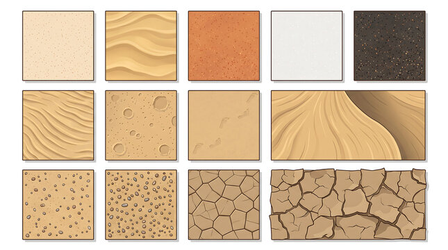Top-Down Vector Tileset of Desert Sand and Dune Textures with Ripple Patterns on White Background