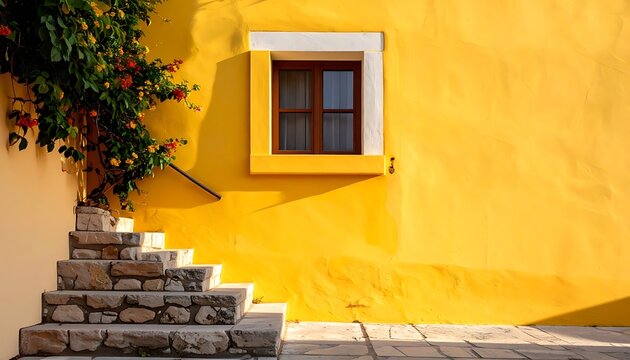 Stone steps ascend towards a rustic wooden window set into a vibrant yellow stucco wall, with lush green foliage and orange flowers cascading from above, evoking a Mediterranean atmosphere