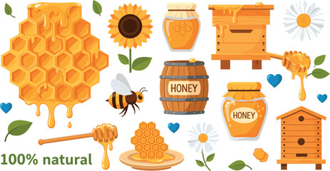Natural Honey Production Vector Set with Beehives Honeycomb Bees Sunflower Jars and Organic Beekeeping Elements Collection © Danial