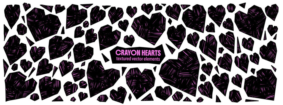 Heart doodle with shape paintbrush grunge and hand drawn love brush sketch. Pink and black hearts as freehand scribble for kid note. Vector love symbols set with rough brush texture isolated on white.