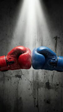 Red and blue boxing glove meeting in center. Martial arts challenge concept. Sports competition duel preparation. Aggressive fight impact between two opponents. Vertical video