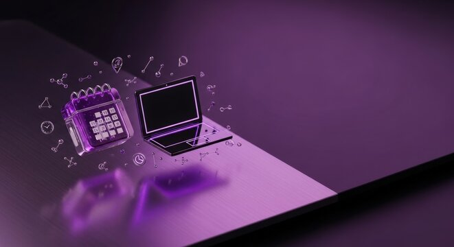 Conceptual Macro of Virtual Event Planning with Amethyst Glass Calendar and Black Chrome Laptop on Purple Ceramic