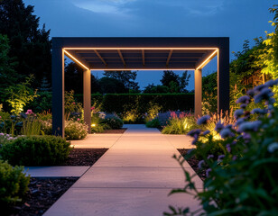 Fototapeta premium Nowoczesna pergola ogrodowa z oświetleniem nocą