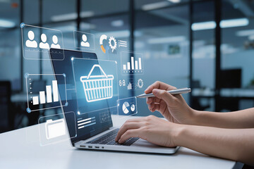 Fototapeta premium Hands operating laptop with virtual shopping interfaces, analytics dashboards, customer services, and modern retail technology.