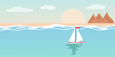 Naklejka premium Abstract minimal summer horizontal poster, cover, card with blue sea waves, yacht, mountains and modern typography. Summer holidays, journey, vacation travel illustration. Promo ads design template. 
