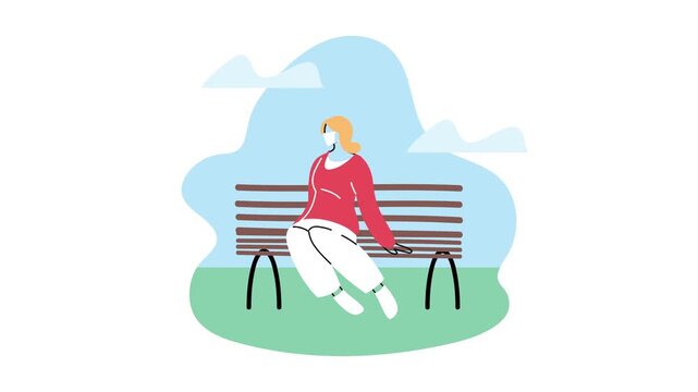 Flat vector animation of young woman sitting alone on park bench outdoors on sunny day.
