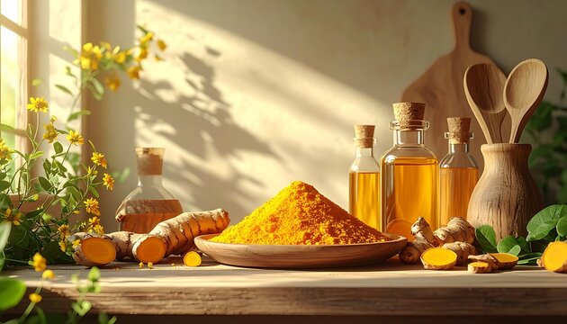 Sunny turmeric arrangement vibrant spice, oil bottles, wooden utensils, and greenery on a countertop