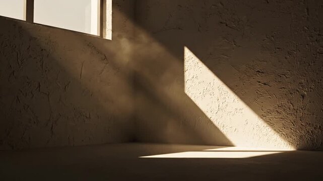 Sunlight streaming through a window into an empty room corner with textured plaster walls, creating sharp geometric shadows and warm golden light on the floor and vertical walls.