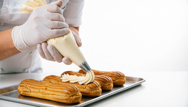 pastry chef's hands piping a ribbon of cream onto a row of golden eclairs