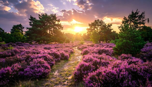 Sunset blooming heathland