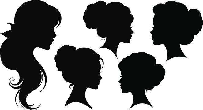 Elegant woman face profiles in black silhouette collection showing diverse hair styles for spa makeup beauty parlor and logo design.
