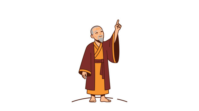 Elderly man in robe pointing upwards thoughtfully