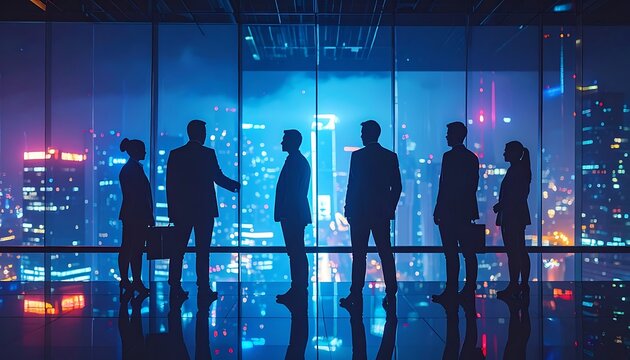 Team silhouettes in a modern office lobby at night, looking out at a vibrant city skyline with glowing lights and reflections, conveying a sense of business strategy and corporate unity.