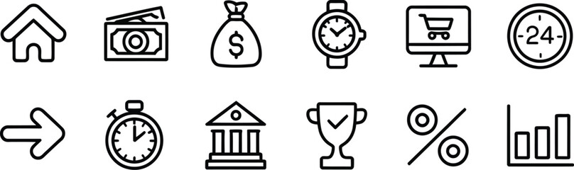 Business and finance line icon set featuring money bag bank account shopping cart clock trophy and bar chart for professional applications. © Sumaiya