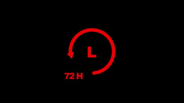 Timer symbol displays a bright red circular countdown indicator alongside the letter L representing a seventy two hour period of time waiting for completion on a clean and minimalist dark background.