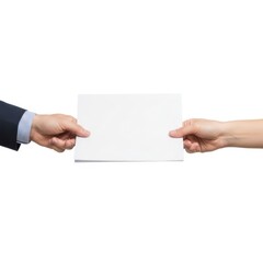 Obraz premium Two individuals exchanging a blank piece of paper in a handshake-like gesture