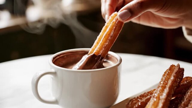 A person's hand reaches for a plate of golden fried churros dusted with sugar, served next to a steaming white cup of hot chocolate with a spoon on a white table in a cafe setting.