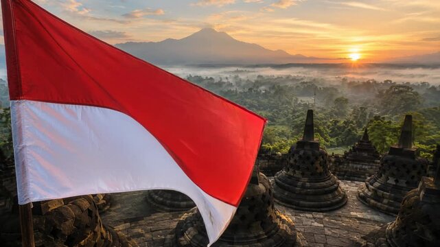 Indonesia Flag Waving over Borobudur Temple at Sunrise