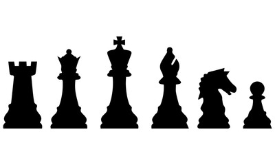 Chess Pieces Black Silhouette Vector Set King Queen Bishop Knight Rook Pawn Game Icons Collection . © DobirUddin