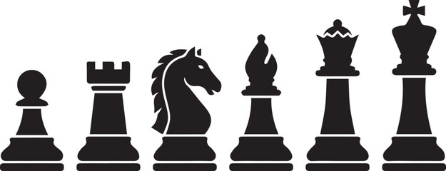 Chess Pieces Black Silhouette Vector Set King Queen Bishop Knight Rook Pawn Game Icons . © DobirUddin